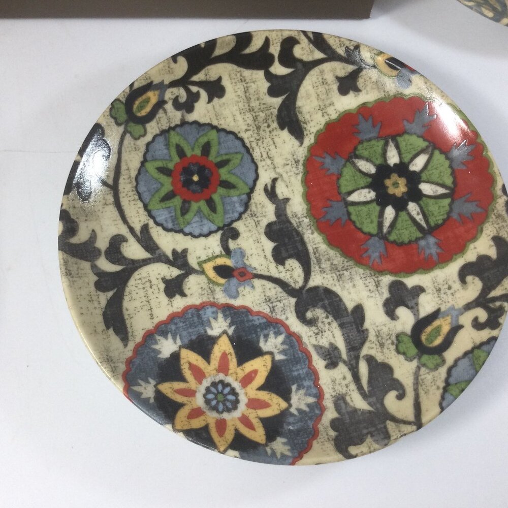 Pier 1 Appetizer Ceramic Plates Set of 4 Multicolor Geometric Design with Box - Picture 2 of 6
